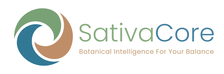 SativaCore logo with circular botanical icon and horizontal typography on a dark background.