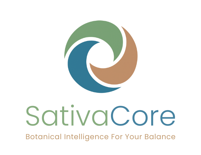 Vertical SativaCore logo with circular botanical icon and stacked typography on a dark background.