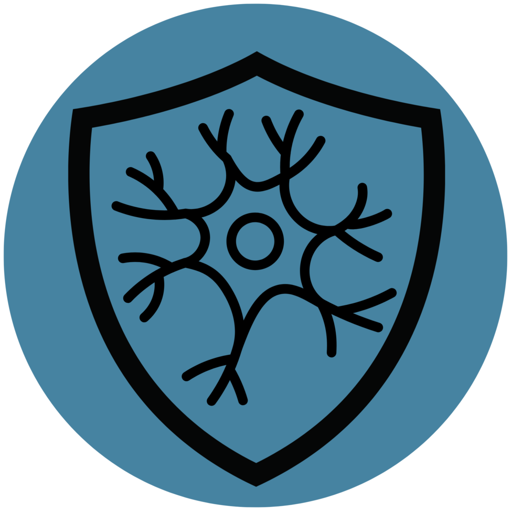 Shield-and-neuron icon representing neuroprotection and neural integrity